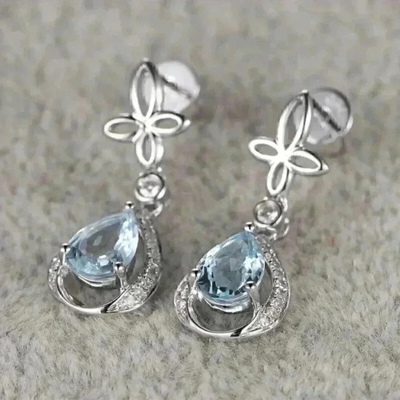 NEW 14k Gold Over Silver Aquamarine White Sapphire Drop Earrings - Picture 3 of 5